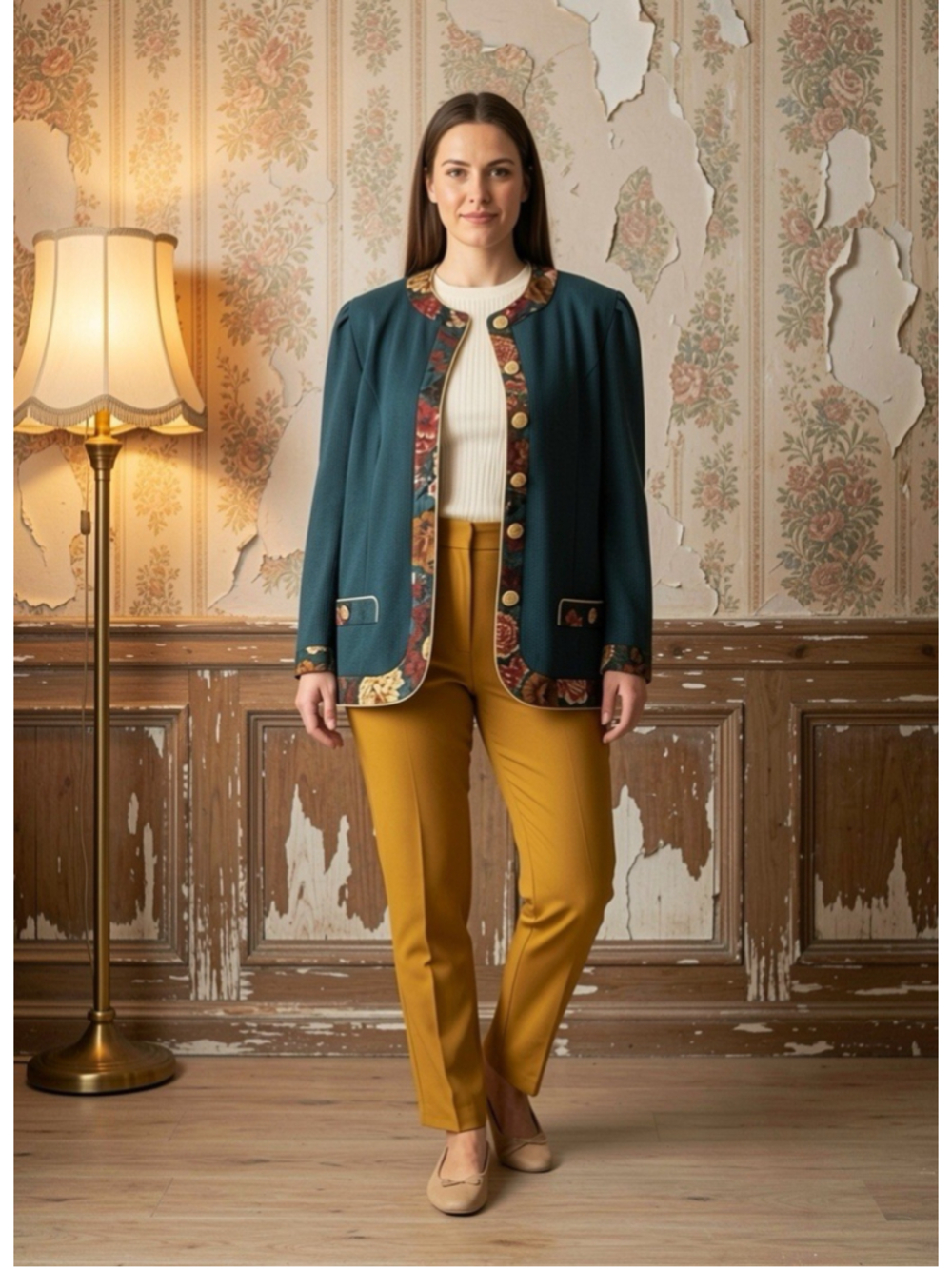 Vintage 80s Jeffrey & Dara Green Knit Blazer Floral Paisley Gold Button Jacket